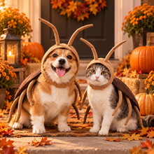 Pets wearing a playful CritterMode cockroach transformation costume