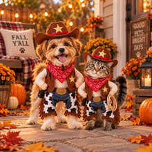 Dog and cat wearing playful CritterMode cowboy transformation costumes