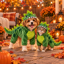 Dog and cat wearing playful CritterMode dinosaur transformation costumes