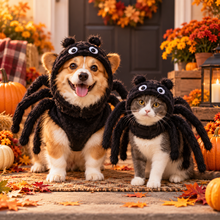Dog and cat wearing playful CritterMode spider transformation costumes